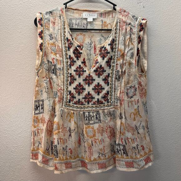 Velvet by Graham & Spencer Tops - Velvet Graham Spencer Boho Embroidered Cap Sleeves Aztec Southwestern Top SZ S